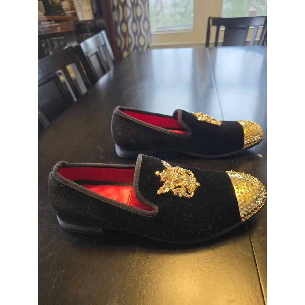 Meijiana Men's Black Velvet Gold Studded‎ Slip-On Loafer Dress Shoes 7M